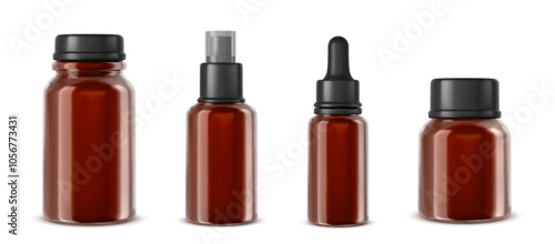 Amber glass or plastic bottles in different sizes with black caps - twist off, pump, dropper and wide neck container. Empty pharmaceutical pack for storing medicine, cosmetic products or essential oil