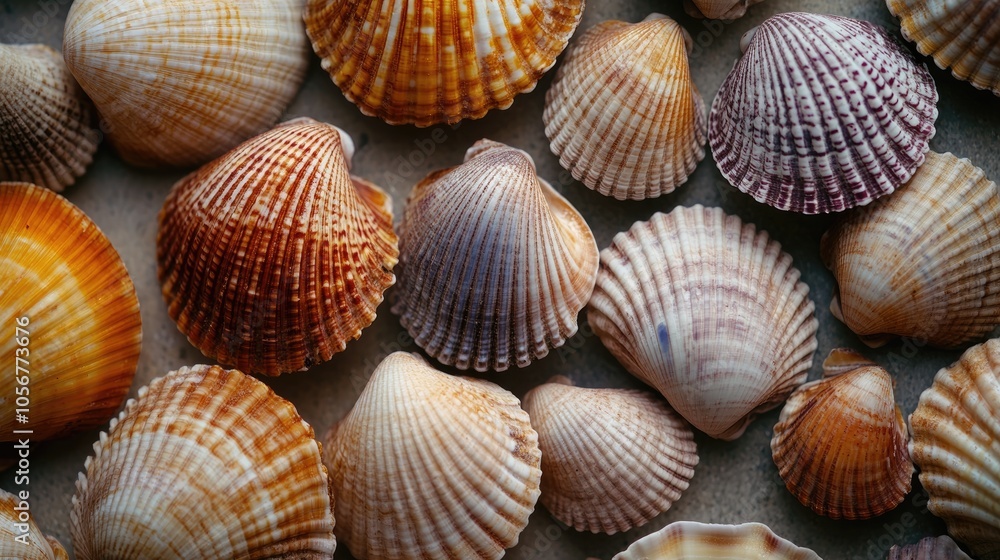 Close up of various cockle shells in muted colors showcasing their intricate textures and patterns Close up of various cockle shells in muted colors showcasing their intricate textures and patterns