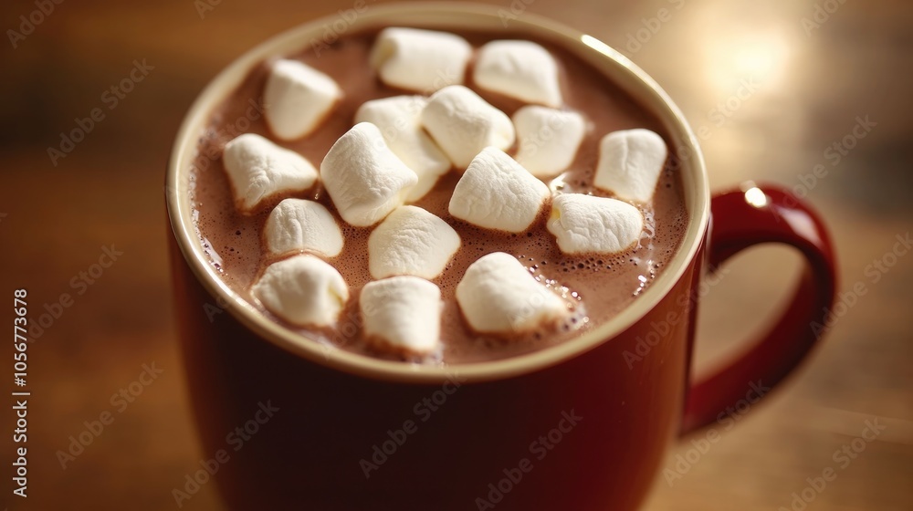 Mug filled with hot chocolate topped with melted marshmallows Mug filled with hot chocolate topped with melted marshmallows