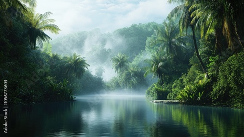 Lush tropical rainforest along a river shrouded in mist