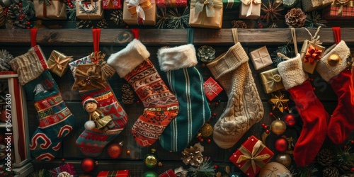 A row of Christmas stockings with a variety of colors and patterns. The stockings are decorated with ornaments and other festive items
