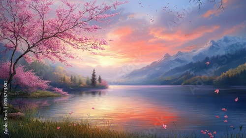 Serene morning scenery featuring a lustrous sky illuminating gentle pink blossoms near a tranquil lake