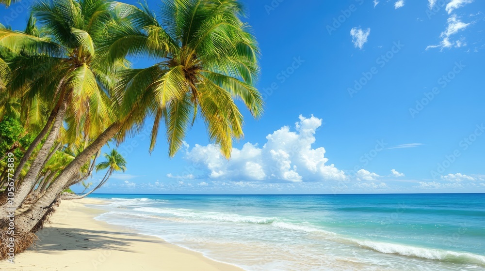 Obraz premium Scenic beach featuring palm trees against a clear blue sky