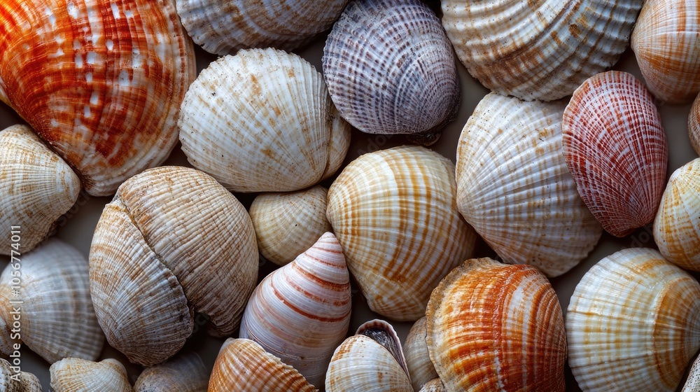 Close up of various cockle shells in muted colors showcasing their intricate textures and patterns Close up of various cockle shells in muted colors showcasing their intricate textures and patterns