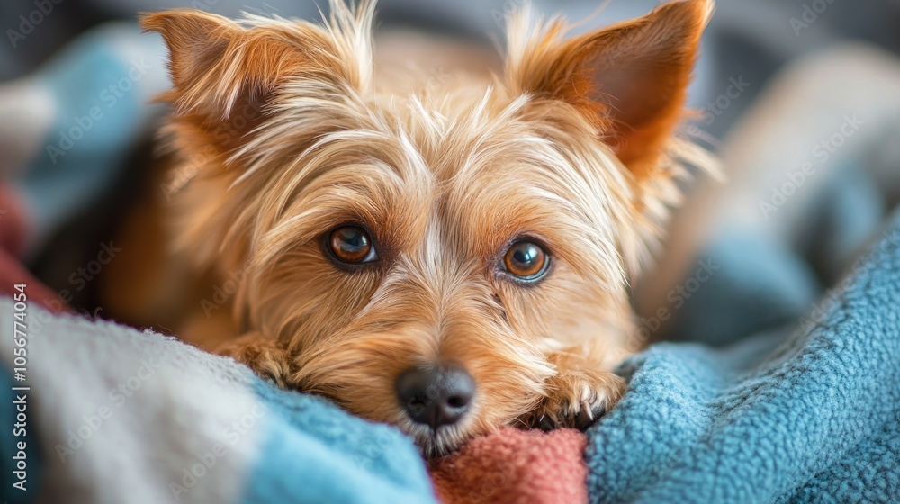 Small terrier dog with scruffy fur resting on a blanket making eye contact with the camera Small terrier dog with scruffy fur resting on a blanket making eye contact with the camera