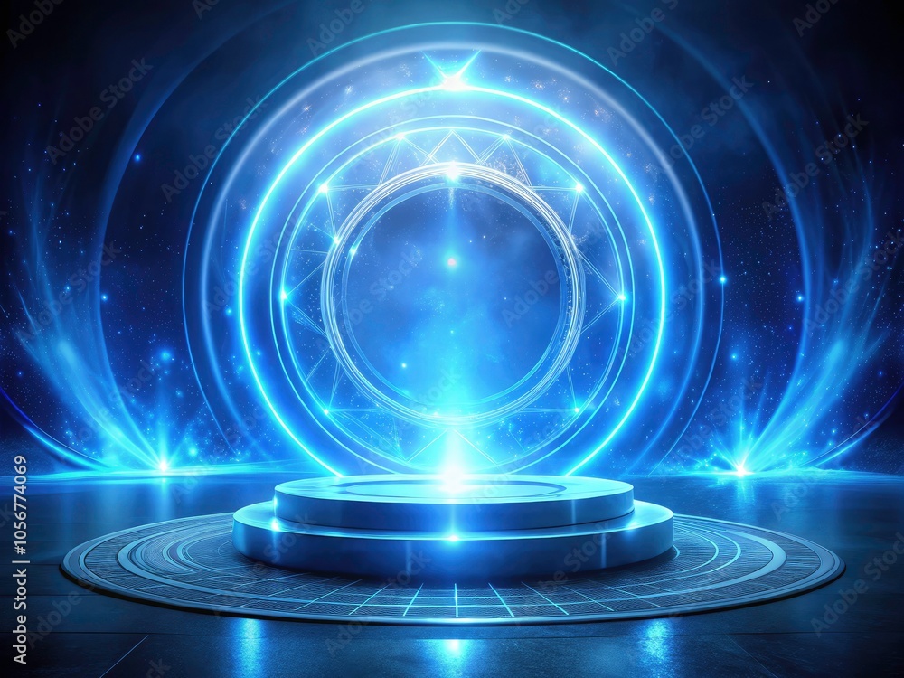 Futuristic Floating Podium with Neon Ring - Magic Fantasy Portal and Holographic Effect in High-Tech Design Futuristic Floating Podium with Neon Ring - Magic Fantasy Portal and Holographic Effect in High-Tech Design