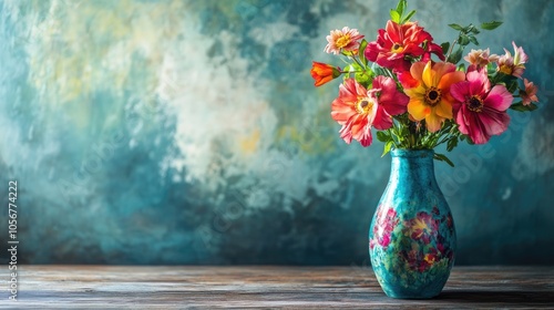 Vibrantly Designed Floral Vase on a Wooden Table