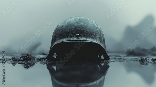 Ample space for copy surrounding a soldier helmet in a minimalist design. photo