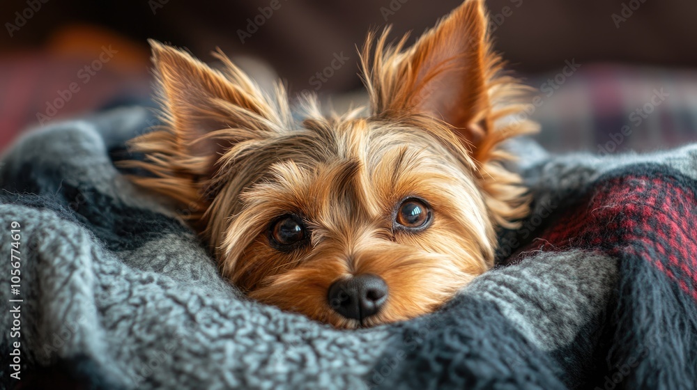 Small terrier dog with scruffy fur resting on a blanket making eye contact with the camera Small terrier dog with scruffy fur resting on a blanket making eye contact with the camera