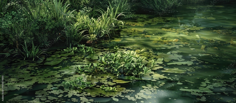 Green Plants Making Their Way Up In A Dirty Swamp Water Green Plants Making Their Way Up In A Dirty Swamp Water