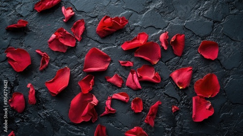 Scattered rose petals on a dark textured surface form a striking contrast that evokes feelings of loss or goodbye