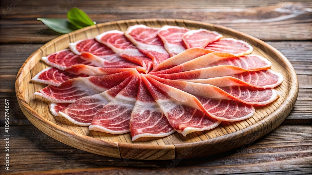 A circular arrangement of thin slices of cured meat, meticulously placed on a round wooden serving plate, set against a backdrop of rustic wood grain. A circular arrangement of thin slices of cured meat, meticulously placed on a round wooden serving plate, set against a backdrop of rustic wood grain.