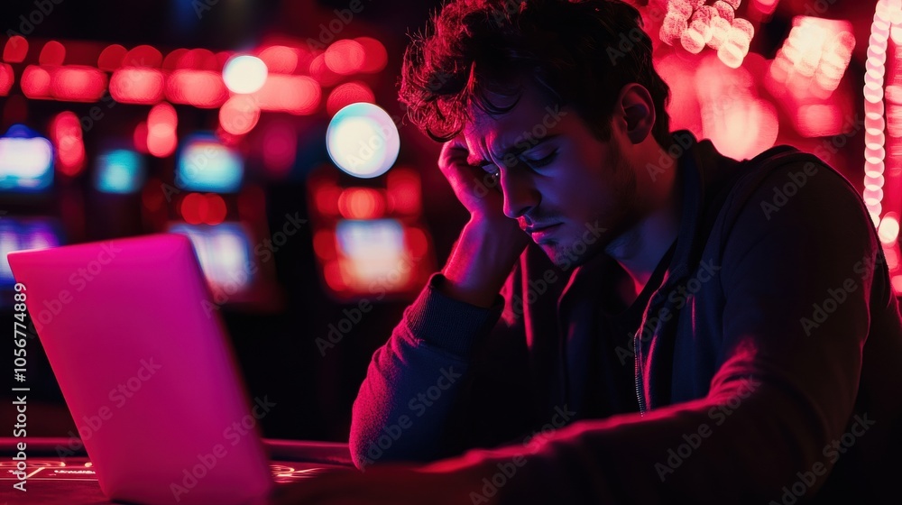 A stressed young Hispanic man in a hoodie works on a laptop in a neon-lit setting. A stressed young Hispanic man in a hoodie works on a laptop in a neon-lit setting.