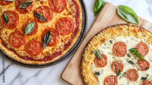 Keto friendly pizza featuring a mozzarella and tomato crust with a cheesy filling complemented by a low carb cake made from almond flour and mozzarella
