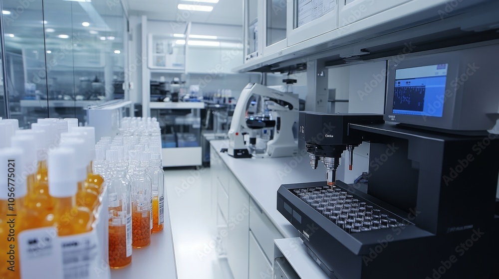 Laboratory equipment with test tubes and a digital display in a sterile, white room Laboratory equipment with test tubes and a digital display in a sterile, white room