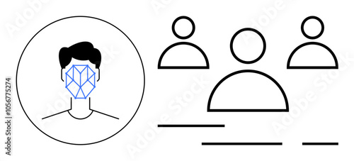 Face recognition icon with geometric patterns scanning individual next to simplistic user group icons. Ideal for tech demos, privacy discussions, user authentication, security systems, data analysis