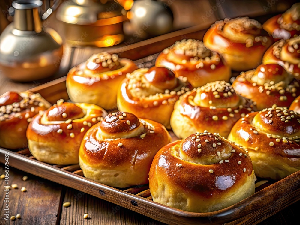 Golden Brown Honey Buns with Sesame Seeds Baking in the Oven - Deliciously Sweet and Fluffy Treats, Perfect for Breakfast or Dessert Golden Brown Honey Buns with Sesame Seeds Baking in the Oven - Deliciously Sweet and Fluffy Treats, Perfect for Breakfast or Dessert