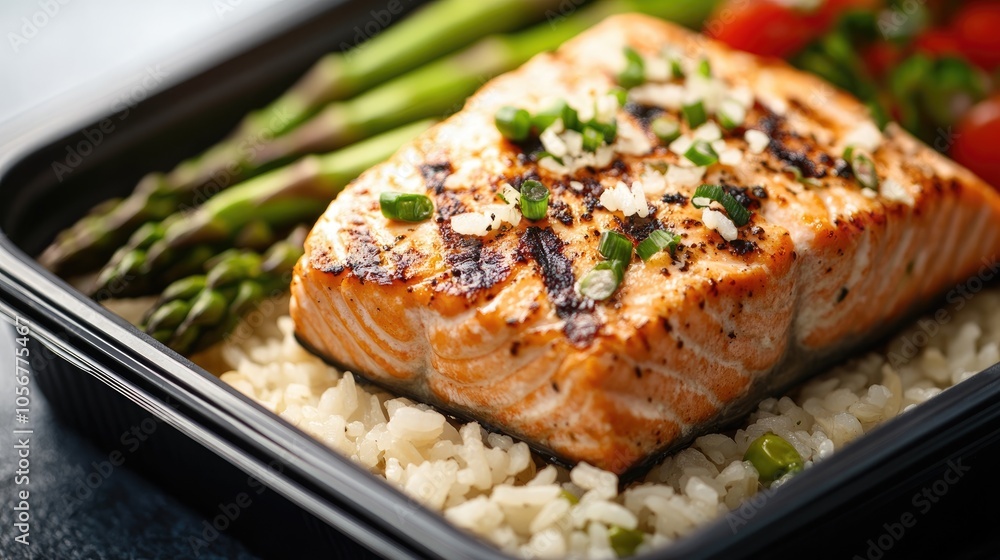 Meal of rice topped with grilled salmon and asparagus served in a container Healthy lunch option for nutritious catering and balanced diet Meal of rice topped with grilled salmon and asparagus served in a container Healthy lunch option for nutritious catering and balanced diet