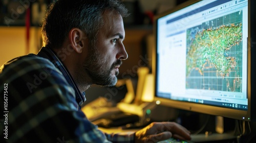 A seismologist analyzing earthquake data on a digital monitor. photo