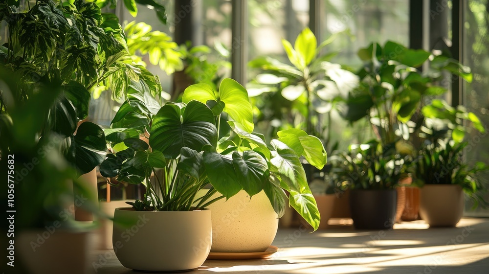 Pots filled with vibrant heart leaf philodendron in a well lit indoor space Pots filled with vibrant heart leaf philodendron in a well lit indoor space