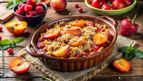 A rustic baked dessert with a golden crumble topping, featuring juicy fruit slices and a hint of fresh mint.