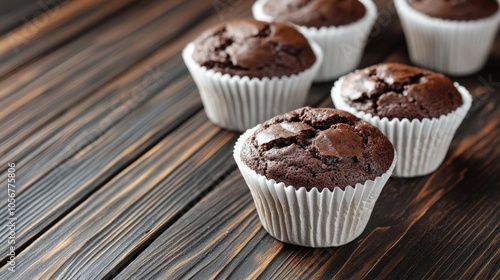 Banana chocolate muffins in white paper cups placed on a dark wooden surface ideal for a party food theme with space for text