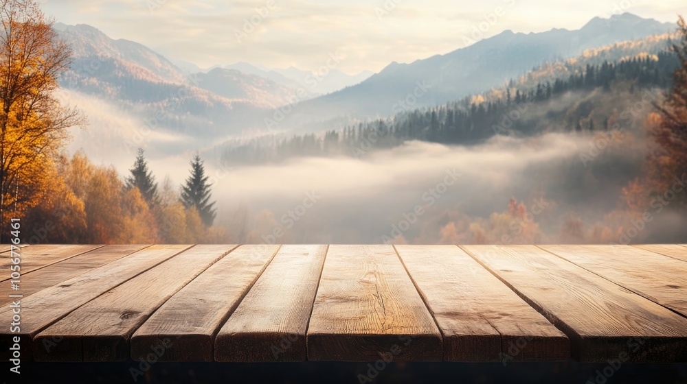 Empty wooden tabletop ideal for displaying products with a serene misty mountain valley backdrop during autumn Empty wooden tabletop ideal for displaying products with a serene misty mountain valley backdrop during autumn
