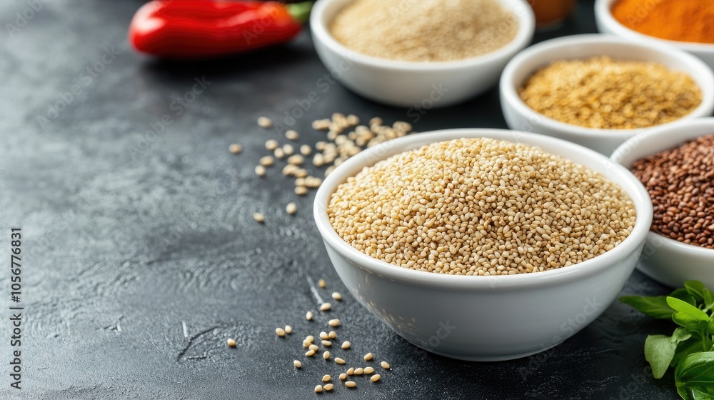 A bowl of sesame seeds beside various other dishes A bowl of sesame seeds beside various other dishes