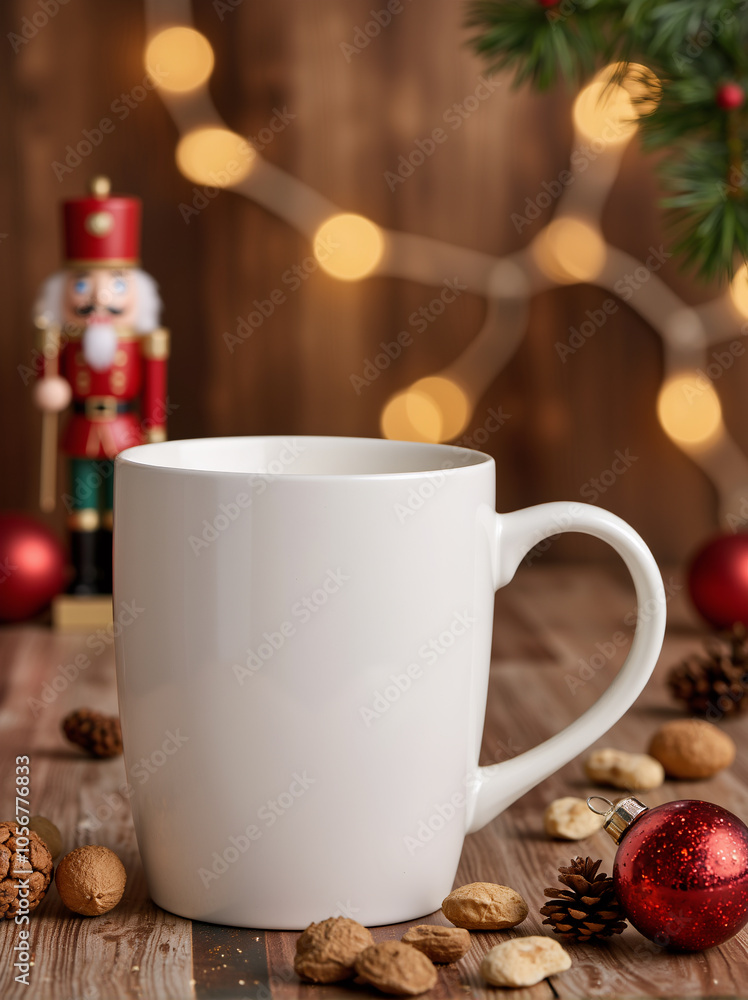 White coffee mug mockup with Christmas decor White coffee mug mockup with Christmas decor