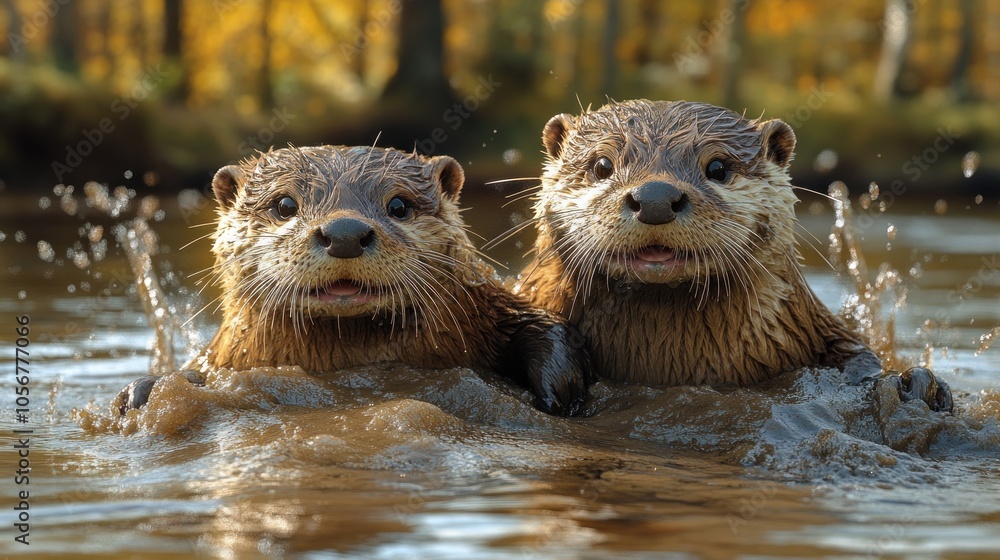 Two playful otters swimming in a serene, autumnal setting. Two playful otters swimming in a serene, autumnal setting.