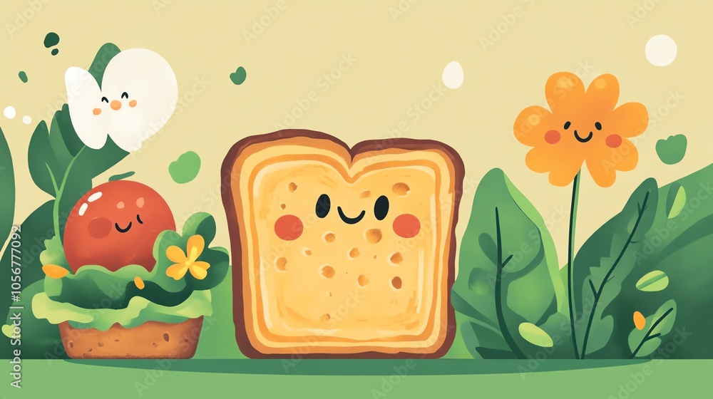 Groovy toast, cute salad, one flower, leafy character, flat design Groovy toast, cute salad, one flower, leafy character, flat design