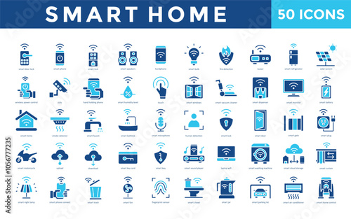 Smart Home icons set with smart door lock, smart phone, smart lock, smart speakers, hand phone, smart bulb, fire detection, router, smart refrigerator, solar system icon. Simple flat vector 
