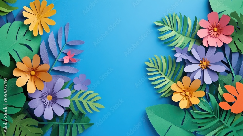 Top view of vibrant paper cut flowers and green leaves against a blue backdrop featuring ample empty space for text Top view of vibrant paper cut flowers and green leaves against a blue backdrop featuring ample empty space for text
