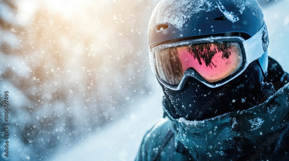 Snowboarder wearing a helmet and goggles on a snowy slope Snowboarder wearing a helmet and goggles on a snowy slope