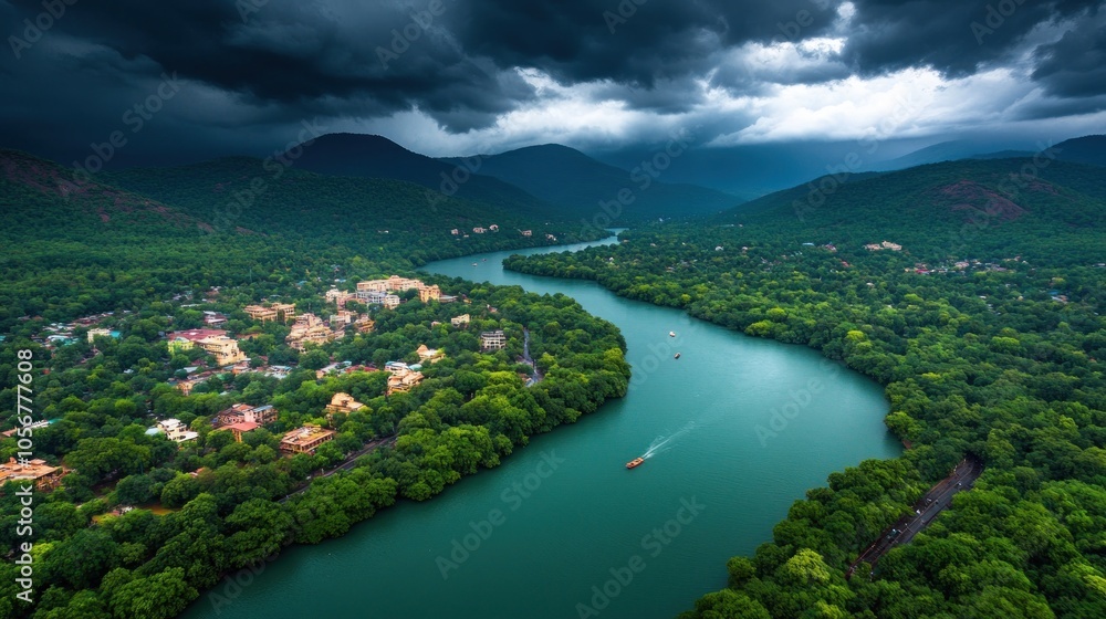 Fototapeta premium A stunning aerial view of lush green river valley under dramatic stormy skies