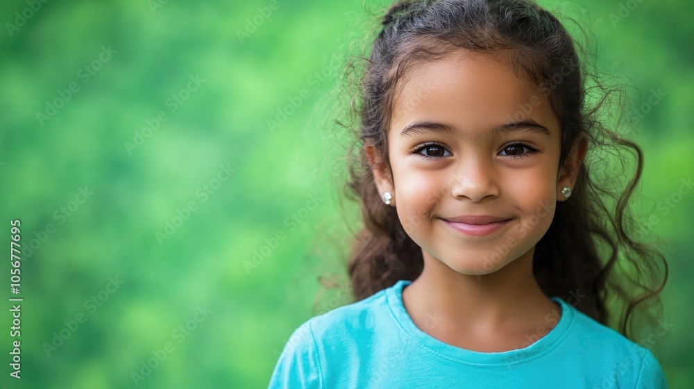 Smiling young girl in a blue shirt set against a green backdrop Smiling young girl in a blue shirt set against a green backdrop