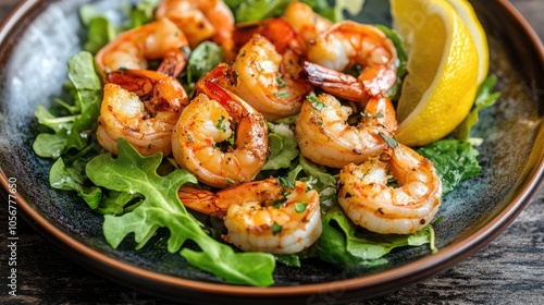 Cooked shrimp served with lemon and fresh salad greens