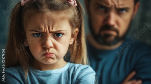 A frustrated Caucasian girl frowns with crossed arms, while an angry man looms behind her.