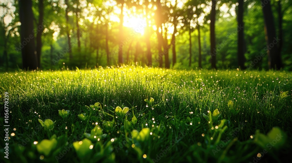 Obraz premium Morning dew rests on vibrant green grass as sunlight streams through a serene forest clearing