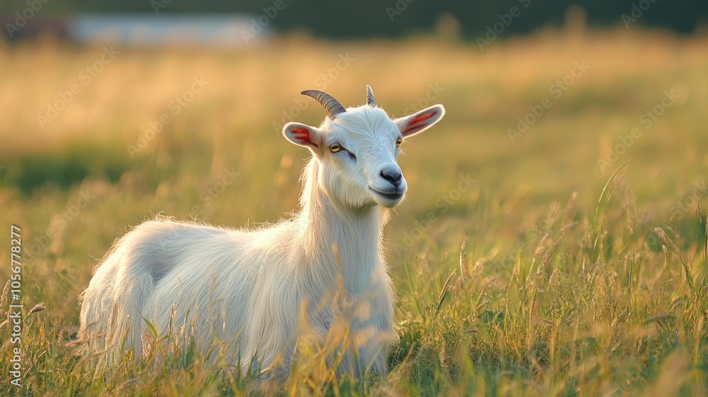 Fototapeta premium Side view of a female goat in a grassy meadow on a farm