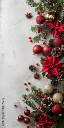 A white background with red and gold ornaments and a red poinsettia