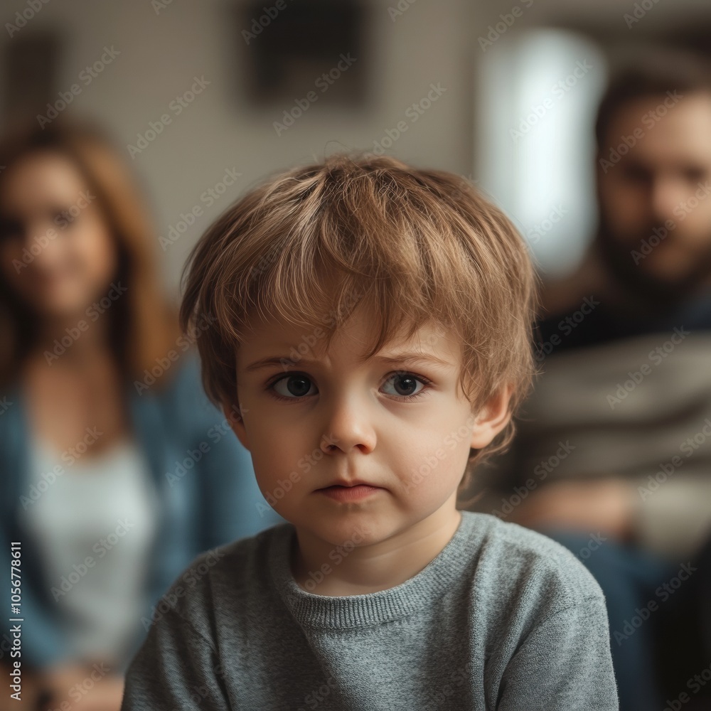 A young Caucasian boy gazes thoughtfully with parents in the background. A young Caucasian boy gazes thoughtfully with parents in the background.