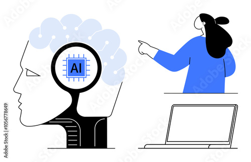 Abstract head with AI chip, pointing individual, and a laptop. Ideal for AI technology, human augmentation, future tech, human-machine interaction, digitalization. Minimalist modern style
