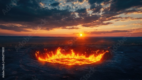 Panoramic view of a fire crater glowing at sunset