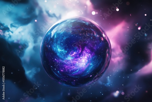 Depiction of the concept of multiple universes. Celestial realm encased in a globe. Vibrant shades of cyan and violet. Visualized in three-dimensional form