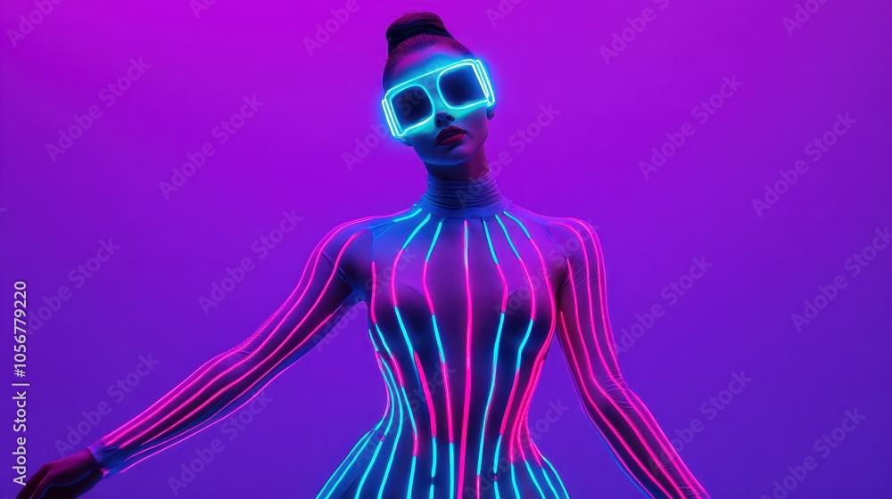 A neon-lit figure in glowing attire poses against a vibrant purple backdrop, showcasing modern art and technology together. A neon-lit figure in glowing attire poses against a vibrant purple backdrop, showcasing modern art and technology together.