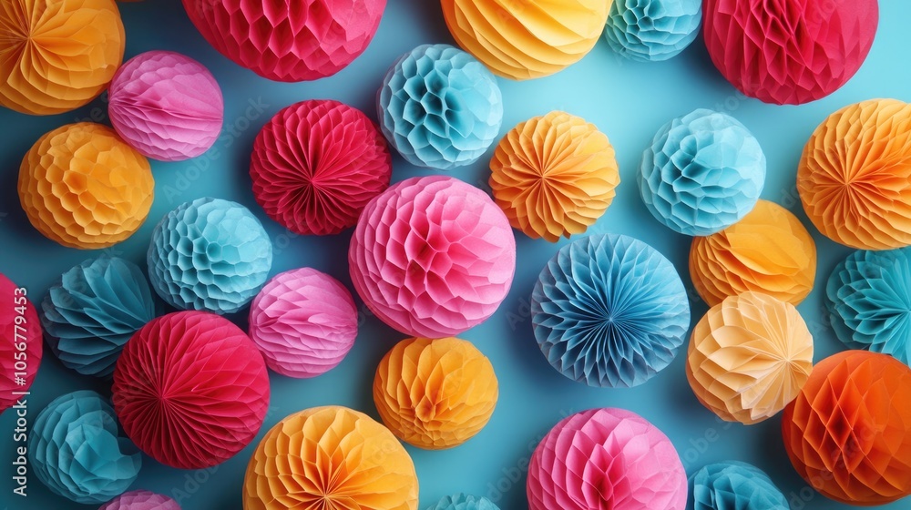 Vibrant festive backdrop featuring colorful paper balls perfect for greeting cards birthday celebrations invitations and carnival themes Flat lay perspective Vibrant festive backdrop featuring colorful paper balls perfect for greeting cards birthday celebrations invitations and carnival themes Flat lay perspective