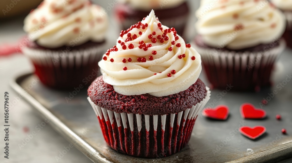 Heart shaped sprinkles adorn the frosting of these delicious Red Velvet cupcakes Heart shaped sprinkles adorn the frosting of these delicious Red Velvet cupcakes