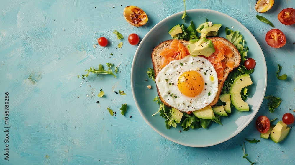 Healthy Breakfast Fried Egg Toast With Salmon And Avocado And Fresh Salad Top View With Copy Space At Blue Table Healthy Breakfast Fried Egg Toast With Salmon And Avocado And Fresh Salad Top View With Copy Space At Blue Table