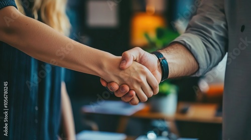 Two professionals exchanging a handshake in an office meeting room symbolizing partnership negotiation collaboration and success in the business environment